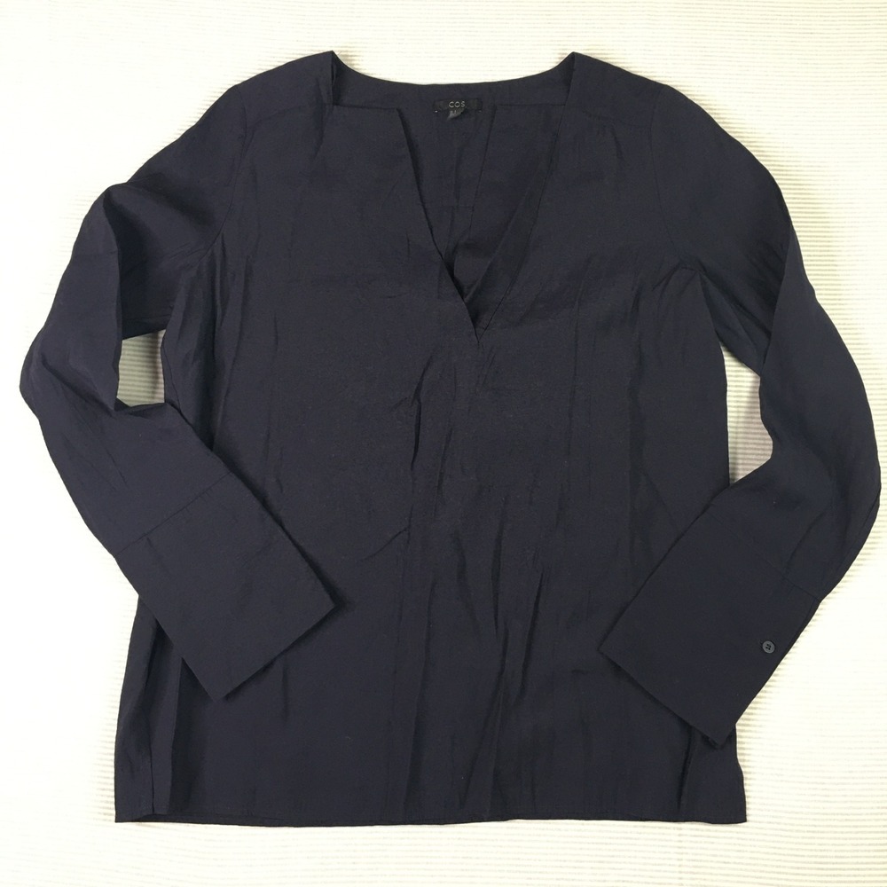 COS Navy Blue V-Neck Blouse Long Sleeve Modal Blend Minimalist Top Womens Size 8